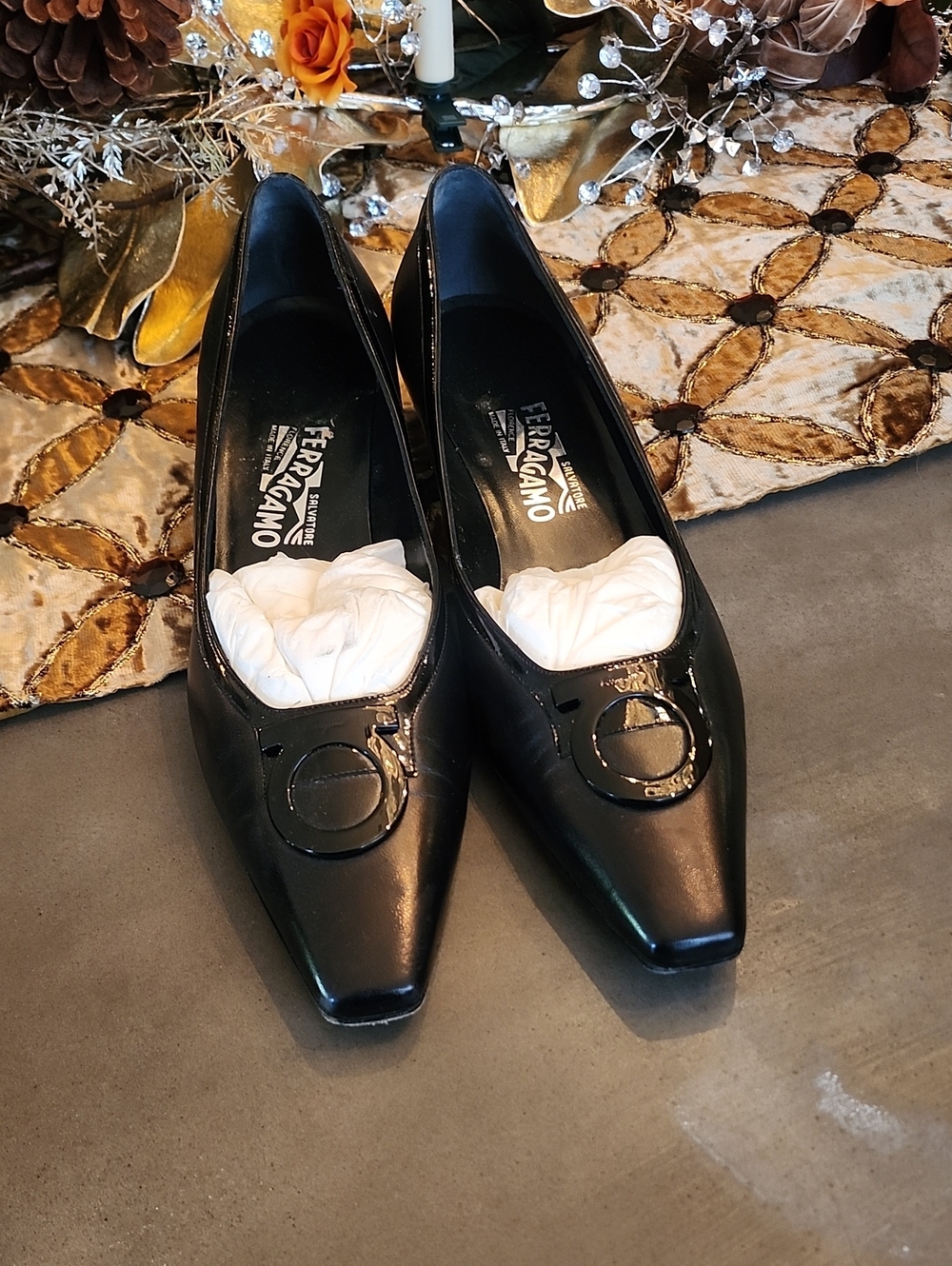 Salvatore Ferragamo Black Patent Leather Pointed Toe Pumps